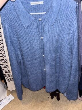 Abercrombie & Fitch Heathered Blue Ribbed Pearl-Button Cardigan